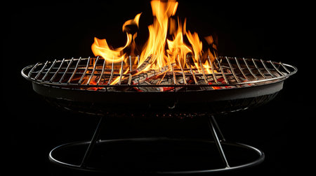 Hot empty portable barbecue BBQ grill with flaming fire and ember charcoal on black background. Waiting for the placement of your food. Close upの素材