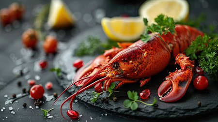 Luxurious boiled spiny lobster with spices, basil and lemon on a black stone plate. Free space for text.の素材