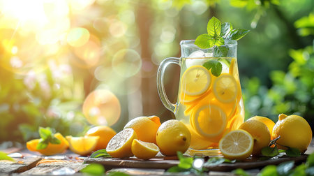 Lemonade with ice in a pitcher and glass on a wooden table with fruit and crushed ice outside with a lemon field in the background on a sunny day. Front view. Horizontal composition.の素材