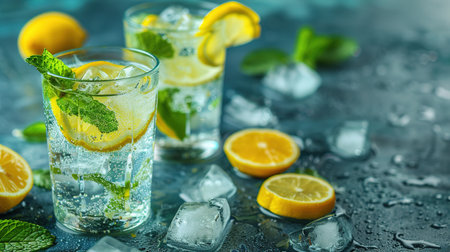 Mojito or virgin mojito long rum drink with fresh mint, lime juice, cane sugar and soda.の素材