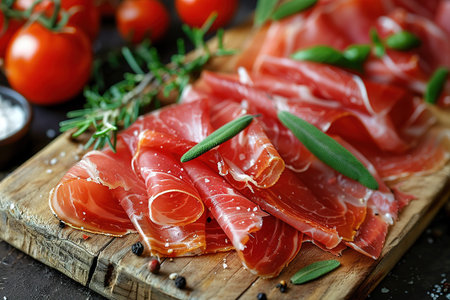 Slices of prosciutto di parma or jamon serrano (iberico) on a dark cutting board, stone or concrete background.の素材