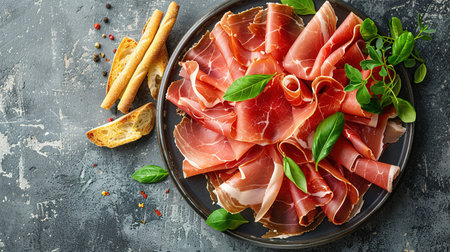 Slices of prosciutto di parma or jamon serrano (iberico) on a black plate, stone or concrete background. Top view with copy space.の素材