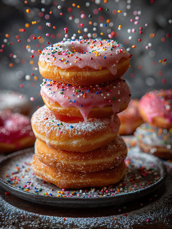 Stack of assorted donuts on a white plate on pastel blue and pink background.の写真素材
