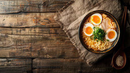 Miso Ramen Asian noodles with egg, enoki and pak choi cabbage in bowl on wooden background.の素材
