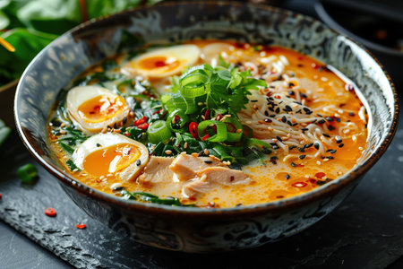 Miso Ramen Asian noodles with egg, enoki and pak choi cabbage in bowl on dark concrete background.の素材