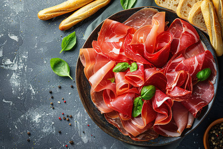 Slices of prosciutto di parma or jamon serrano (iberico) on a black plate, stone or concrete background. Top view with copy space.の素材