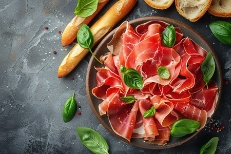 Slices of prosciutto di parma or jamon serrano (iberico) on a black plate, stone or concrete background. Top view with copy space.の素材