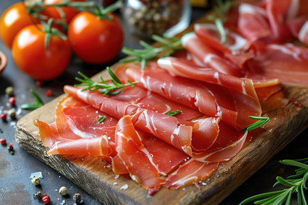Slices of prosciutto di parma or jamon serrano (iberico) on a dark cutting board, stone or concrete background.の素材