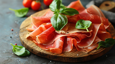 Slices of prosciutto di parma or jamon serrano (iberico) on a dark cutting board, stone or concrete background.の素材