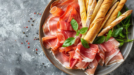 Slices of prosciutto di parma or jamon serrano (iberico) on a black plate, stone or concrete background. Top view with copy space.の素材