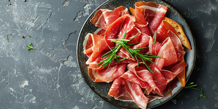 Slices of prosciutto di parma or jamon serrano (iberico) on a black plate, stone or concrete background. Top view with copy space.の素材
