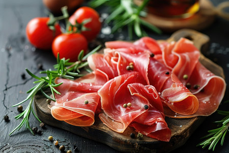 Slices of prosciutto di parma or jamon serrano (iberico) on a dark cutting board, stone or concrete background.の素材