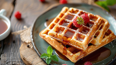 Belgian waffles with strawberries, blueberries and syrup, homemade healthy breakfast, toned image,...
