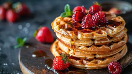 Belgian waffles with strawberries, blueberries and syrup, homemade healthy breakfast, toned image, selective focusの写真素材
