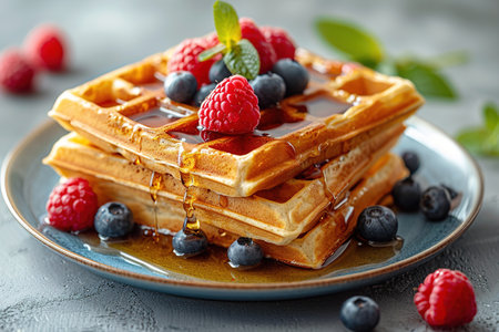 Belgian waffles with strawberries, blueberries and syrup, homemade healthy breakfast, toned image, selective focusの写真素材