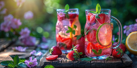 Fresh strawberry cocktail. Fresh summer cocktail with fruits and berries with ice cubes. Glass of soda drink In a jug on natural background.の素材