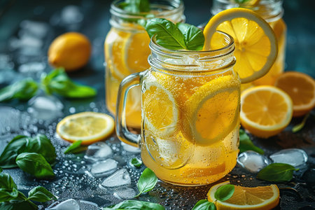 Lemonade with ice in a pitcher and glass on a wooden table with fruit and crushed ice outside with a lemon field in the background on a sunny day. Front view. Horizontal composition.の素材