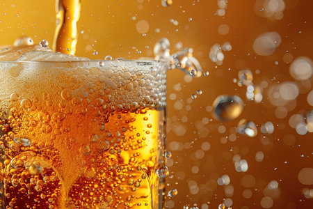 Splashes and drops. Glass of frothy light lager beer isolated over orange background. Popular drink. Concept of alcohol, Oktoberfest, drinks, holidays and festivals. Copy space for ad.の素材