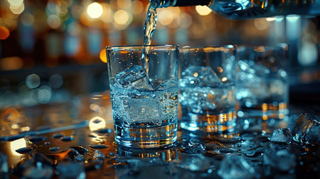 A close up shot of a bartender pouring whiskey. Classic old fashioned cocktail served with a cube of ice. Concept of bourbon whiskey, spirits and alcohol.の素材