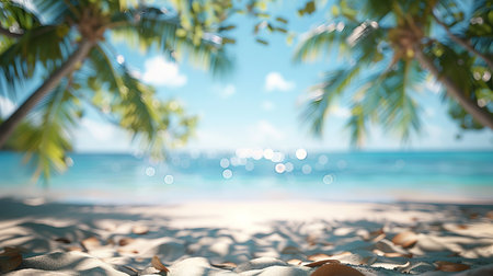 Paradise island beach. Tropical landscape of summer scene, sea waves. Sunny sand sky palm trees. Luxury travel vacation destination. Exotic tourism landscape. Amazing nature freedom coast Maldivesの写真素材