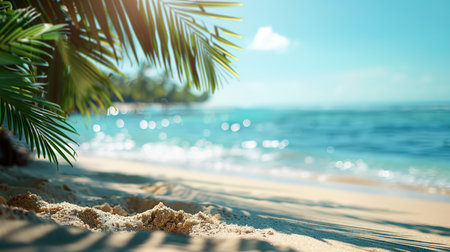 Paradise island beach. Tropical landscape of summer scene, sea waves. Sunny sand sky palm trees. Luxury travel vacation destination. Exotic tourism landscape. Amazing nature freedom coast Maldivesの写真素材