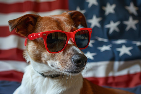 Portrait of proud dog in stars and stripes sunglasses bow tie against the background of the American flag. Celebration of Independence day, 4th July, Memorial Day, American Flag Day, Labor day party eventの素材