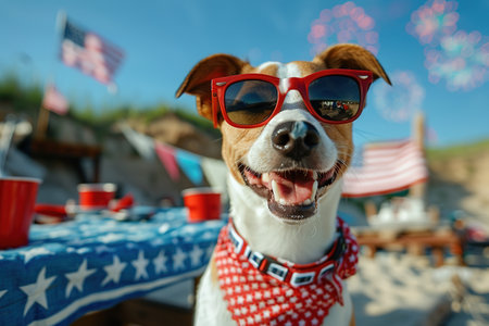 Portrait of proud dog in stars and stripes sunglasses bow tie against the background of the American flag. Celebration of Independence day, 4th July, Memorial Day, American Flag Day, Labor day party eventの素材
