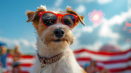 Portrait of proud dog in stars and stripes sunglasses bow tie against the background of the American flag. Celebration of Independence day, 4th July, Memorial Day, American Flag Day, Labor day party eventの素材