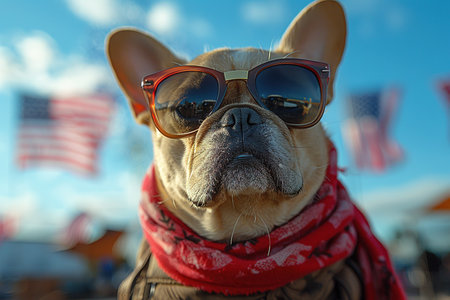 Portrait of proud dog in stars and stripes sunglasses bow tie against the background of the American flag. Celebration of Independence day, 4th July, Memorial Day, American Flag Day, Labor day party eventの素材