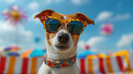 Portrait of proud dog in stars and stripes sunglasses bow tie against the background of the American flag. Celebration of Independence day, 4th July, Memorial Day, American Flag Day, Labor day party eventの素材