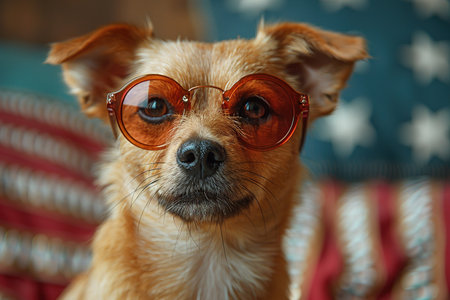 Portrait of proud dog in stars and stripes sunglasses bow tie against the background of the American flag. Celebration of Independence day, 4th July, Memorial Day, American Flag Day, Labor day party eventの素材