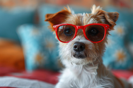 Portrait of proud dog in stars and stripes sunglasses bow tie against the background of the American flag. Celebration of Independence day, 4th July, Memorial Day, American Flag Day, Labor day party eventの素材