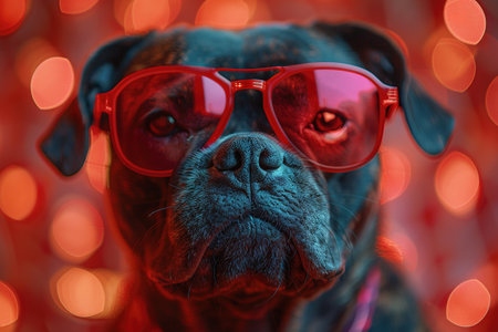 Portrait of proud dog in stars and stripes sunglasses bow tie against the background of the American flag. Celebration of Independence day, 4th July, Memorial Day, American Flag Day, Labor day party eventの素材