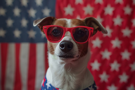 Portrait of proud dog in stars and stripes sunglasses bow tie against the background of the American flag. Celebration of Independence day, 4th July, Memorial Day, American Flag Day, Labor day party eventの素材