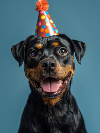Portrait of a dog in a festive hat for his birthday. The owners wish their pet a happy birthday.の素材