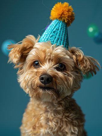 Portrait of a dog in a festive hat for his birthday. The owners wish their pet a happy birthday.の素材