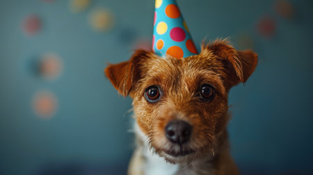 Portrait of a dog in a festive hat for his birthday. The owners wish their pet a happy birthday.の素材