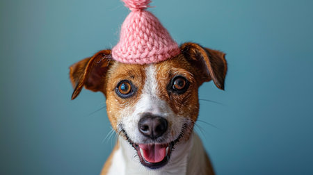 Portrait of a dog in a festive hat for his birthday. The owners wish their pet a happy birthday.の素材