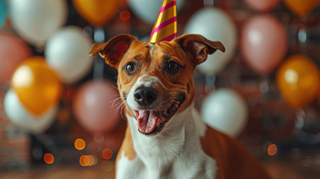 Portrait of a dog in a festive hat for his birthday. The owners wish their pet a happy birthday.の素材
