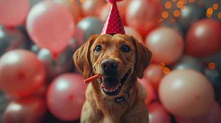 Portrait of a dog in a festive hat for his birthday. The owners wish their pet a happy birthday.の素材