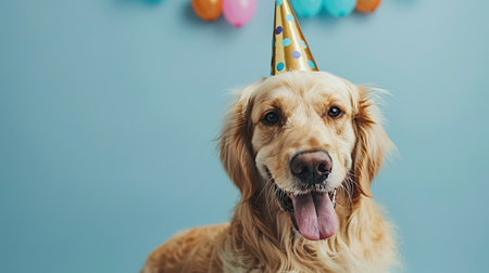 Portrait of a dog in a festive hat for his birthday. The owners wish their pet a happy birthday.の素材