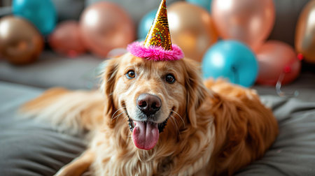 Portrait of a dog in a festive hat for his birthday. The owners wish their pet a happy birthday.の素材