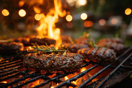 Cooking meat cutlet on hot grill barbecue grate with fire flams and smoke outdoorsの素材