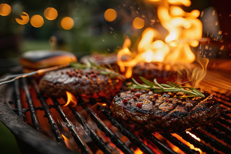 Cooking meat cutlet on hot grill barbecue grate with fire flams and smoke outdoorsの素材
