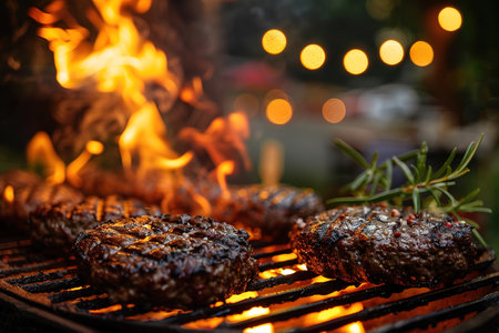 Cooking meat cutlet on hot grill barbecue grate with fire flams and smoke outdoorsの素材