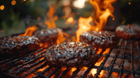 Cooking meat cutlet on hot grill barbecue grate with fire flams and smoke outdoorsの素材