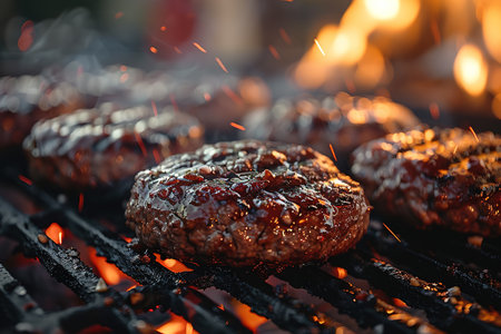 Cooking meat cutlet on hot grill barbecue grate with fire flams and smoke outdoorsの素材