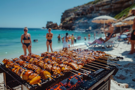 Happy friends are having fun while they are preparing a barbecue on the beach. Vacation concept.の素材