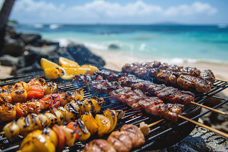 Happy friends are having fun while they are preparing a barbecue on the beach. Vacation concept.の素材