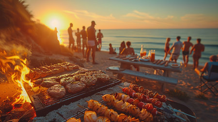 Happy friends are having fun while they are preparing a barbecue on the beach. Vacation concept.の素材